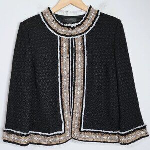 St. John Tweed Fringe Knit 3/4 Sleeve Suit Jacket Black Tan White Size 8